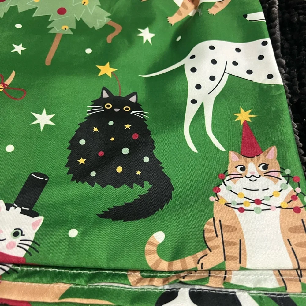 15 pc Festive Cat Print shower curtain Set with 2 Black Bath Mat